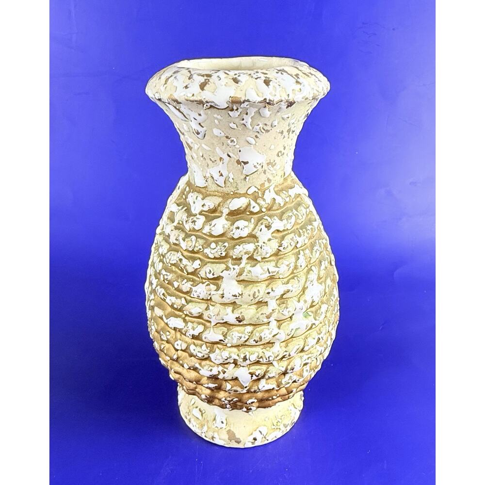 Vintage Brutalist Vase Popcorn Hand Thrown Ceramic Drip Glaze w/ 22k Gold White